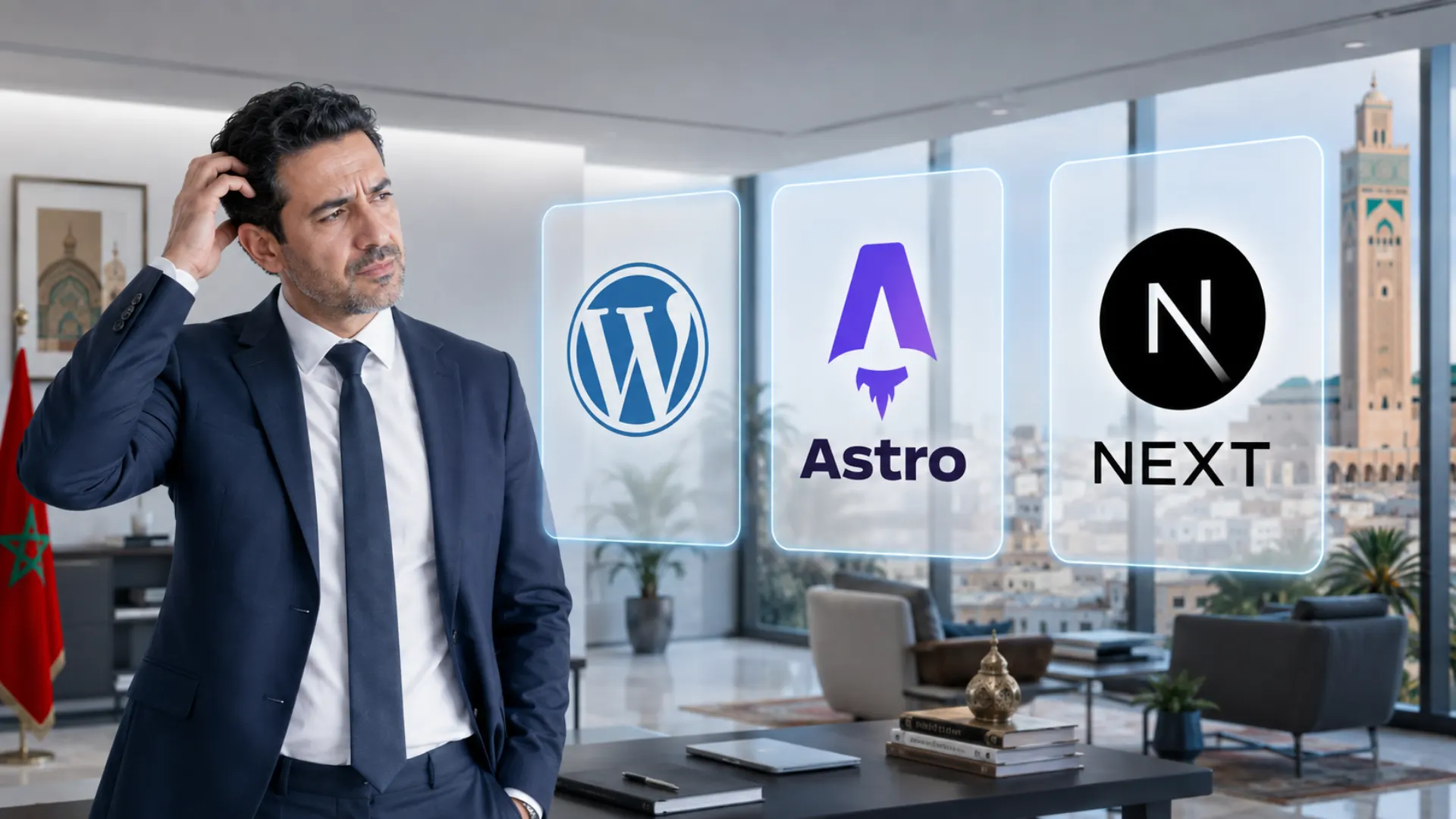 Professionnel marocain hésitant entre WordPress, Astro et Next.js pour la création de son site web