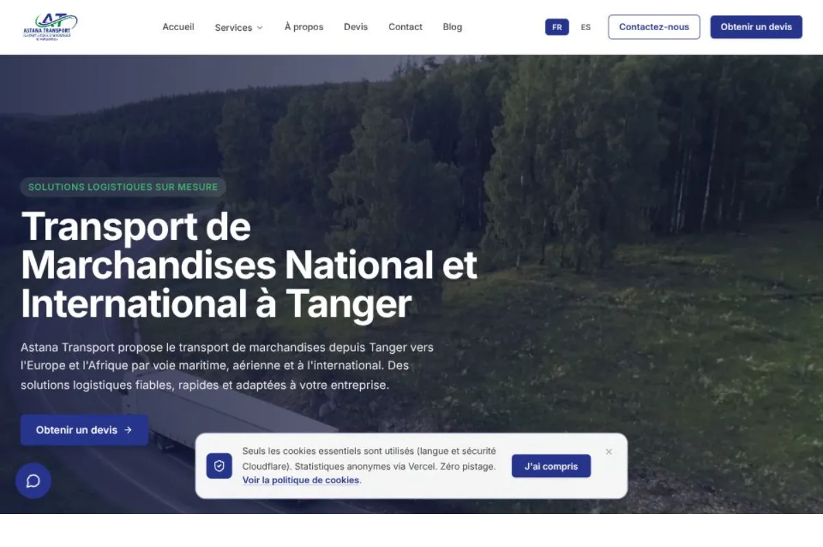 Site web Astana Transport — logistique et transport de marchandises national et international à Tanger, développé avec Next.js
