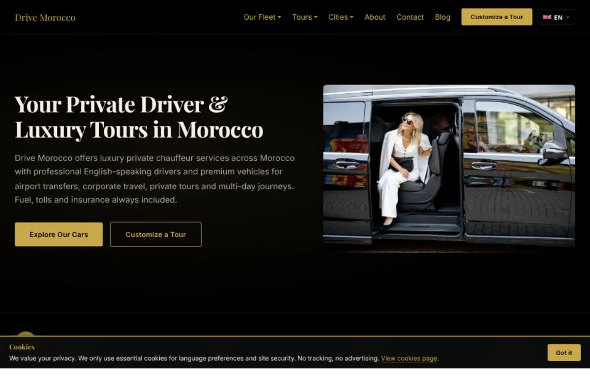 Site web Drive Morocco — chauffeur privé et tours de luxe au Maroc, développé avec Next.js