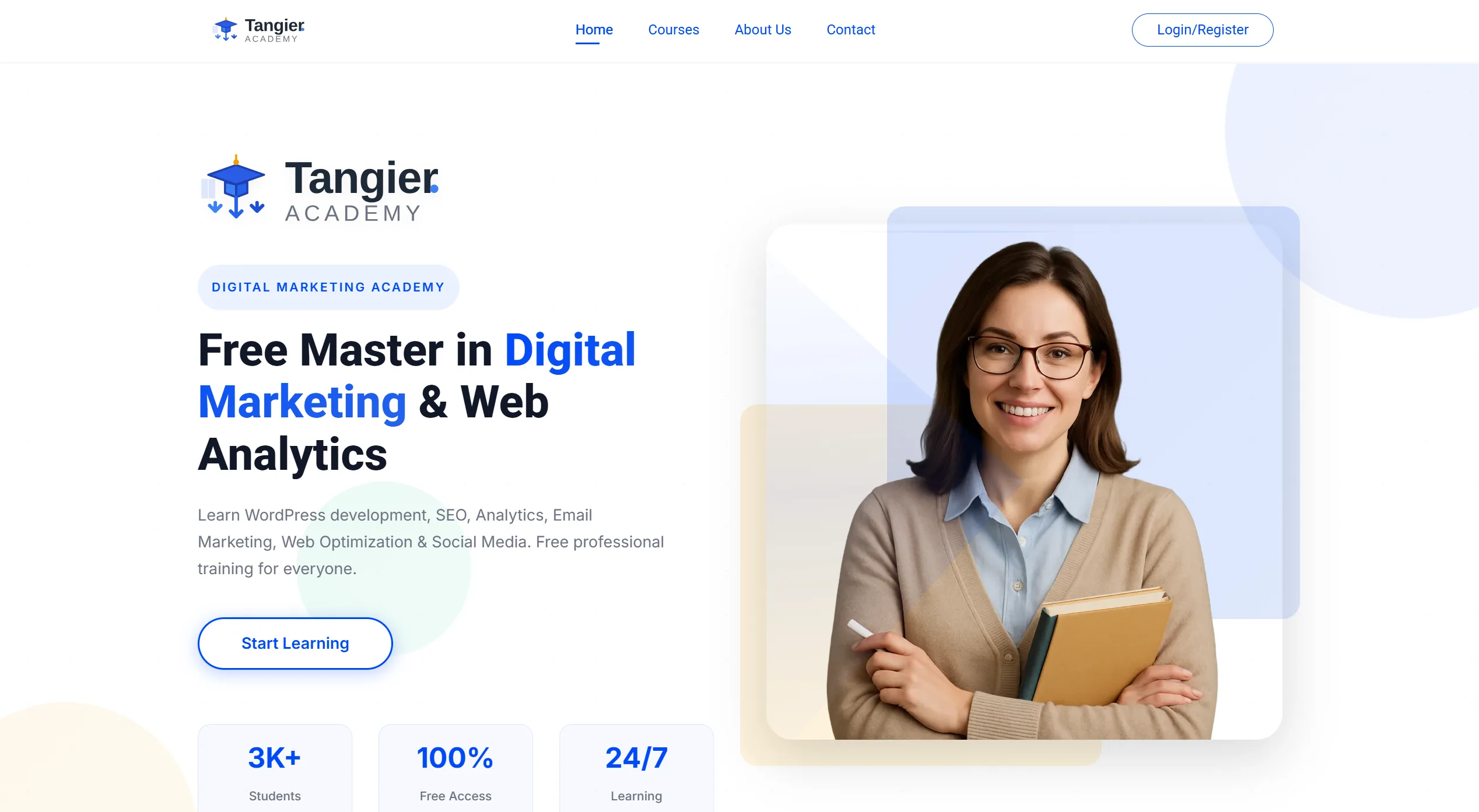 Site e-learning Tangier Academy — plateforme de formation en marketing digital sur WordPress avec LMS premium