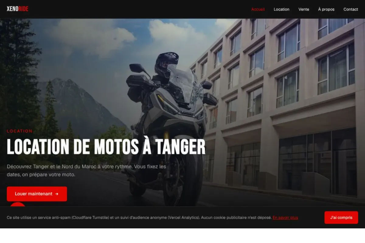 Site web Xenoride — location et vente de motos à Tanger, développé avec Astro